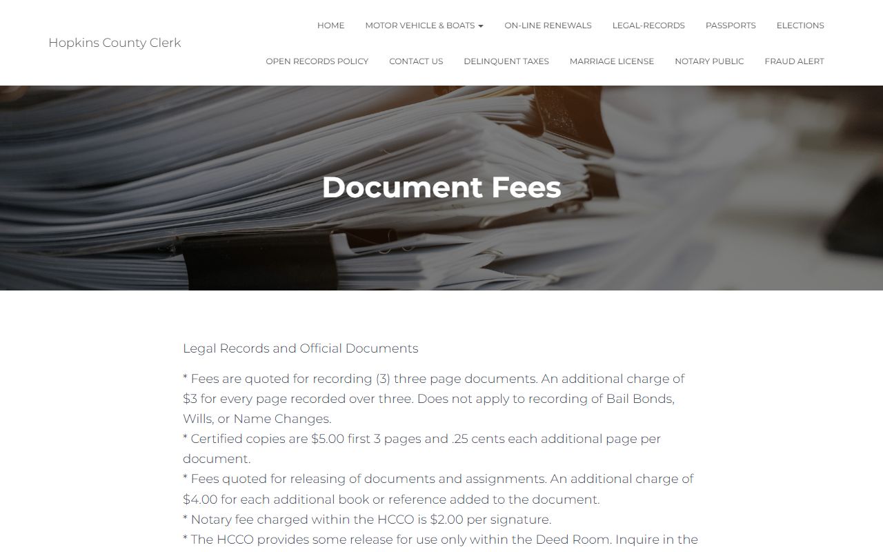 Hopkins County Circuit Court Clerk records document fee schedule reference
