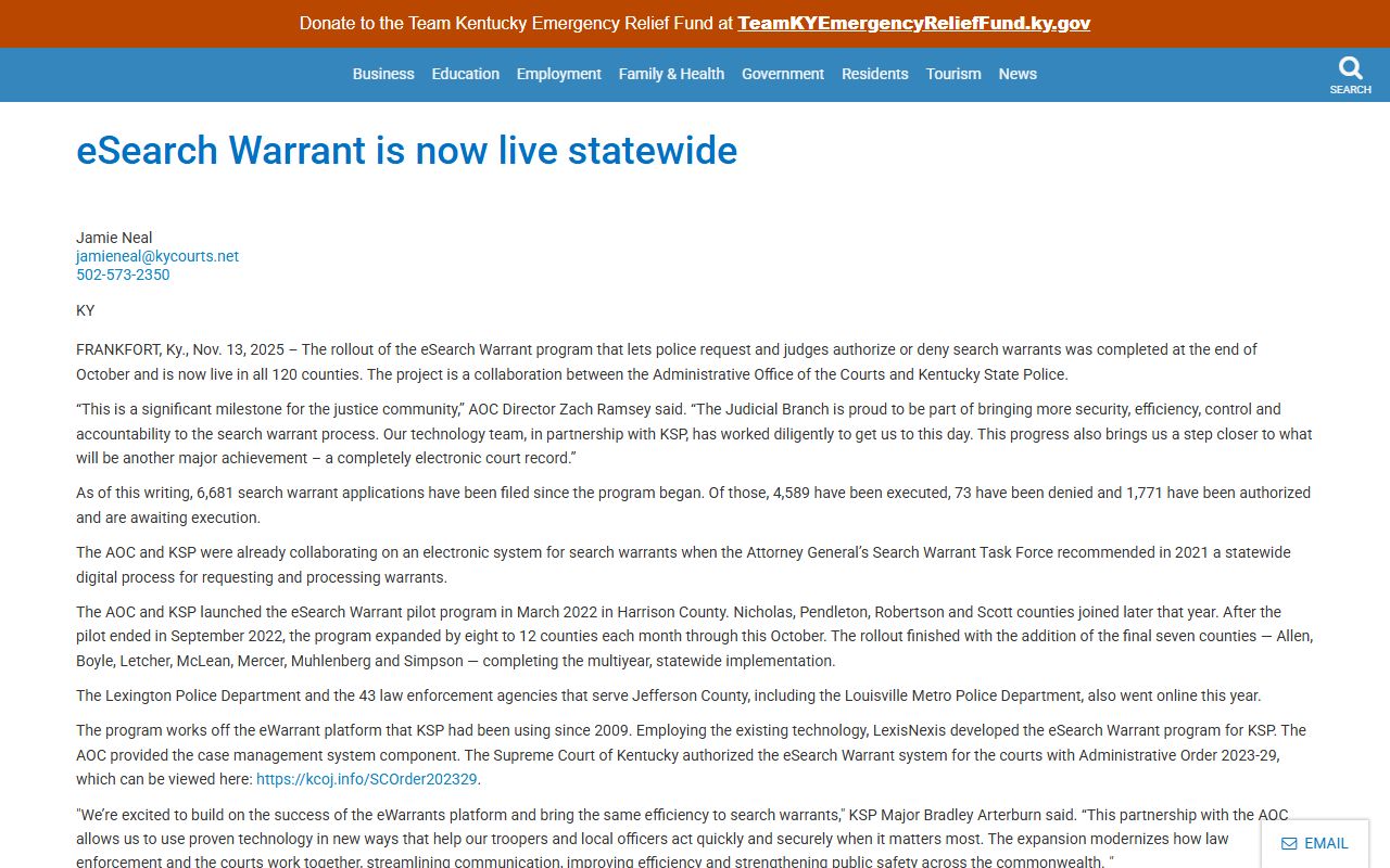 Hopkins County warrant records Kentucky eSearch Warrant rollout